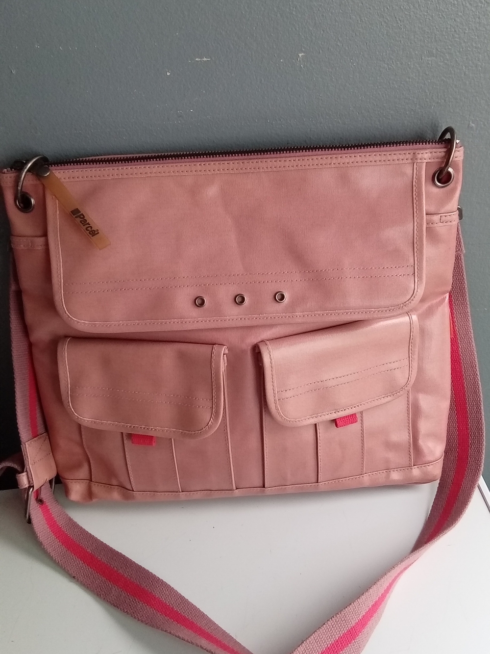 Parcel Pink Crossbody Messenger Bag Utility Multi Pocket Sporty Stripe Strap